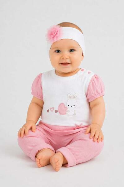 dinamik çocuk Baby girl 3-piece heart & bunny embroidered bandana top & botto...