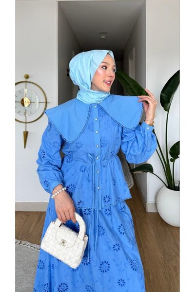 TrendParis Σετ πουκάμισο/φούστα με κέντημα Παπάτια και μεγάλο γιακά, μπλε