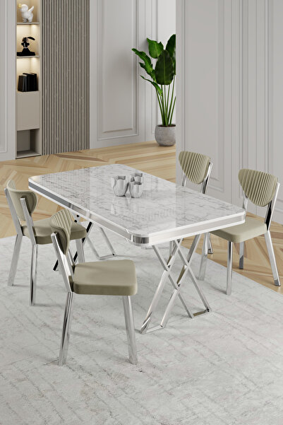 Canisa Raja Serisi 80x130 Lak Panel Beyaz Mermer Desen Masa Takımı Krom Ayakl...