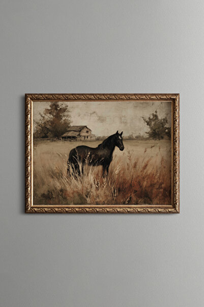 epiqart Kır Manzarasında At Figürü - Vintage Desenli Çerçeve - İnce Model