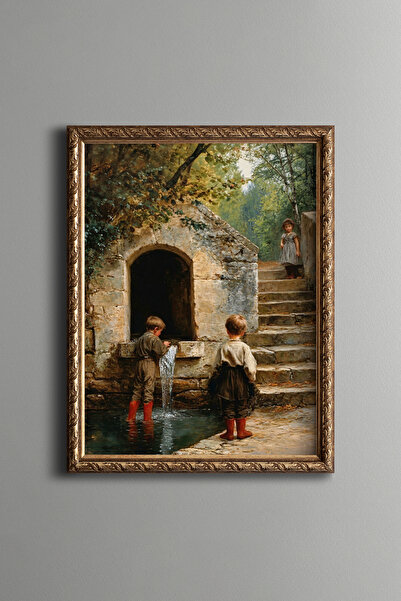 epiqart Children at the Fountain - Vintage Patterned Frame - Slim Model
