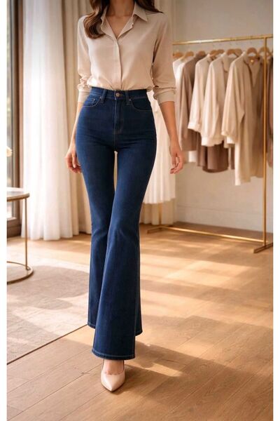 SAPAKTEKS JNX Lara Women's Navy Blue Wide Leg Lycra Denim Jean Trousers