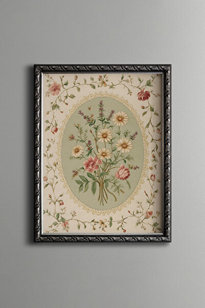 epiqart Çiçek Buketi Deseni - Vintage Desenli Çerçeve - İnce Model