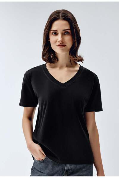Brix Tricou de damă 100% bumbac cu decolteu în V 3536 Culoare neagră