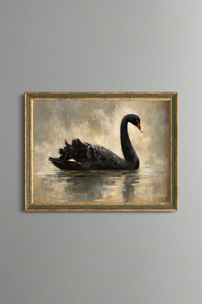 epiqart Black Swan and Reflection - Vintage Patterned Frame - Slim Model