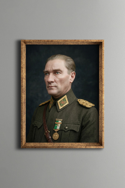 epiqart Uniformed Ataturk Portrait - Vintage Patterned Frame - Slim Model