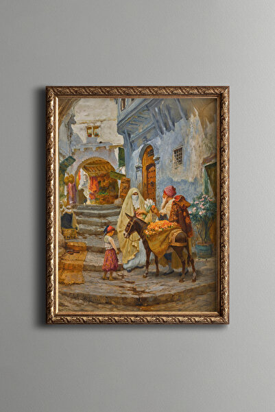 epiqart Seller with a Donkey on the East Bazaar - Vintage Patterned Frame - S...