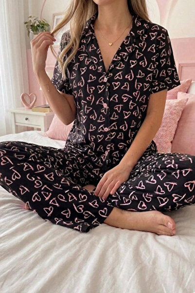 FİT WOMEN Σετ πιτζάμες με κοντό μανίκι και κουμπιά με ροζ σχέδιο καρδιάς 4590