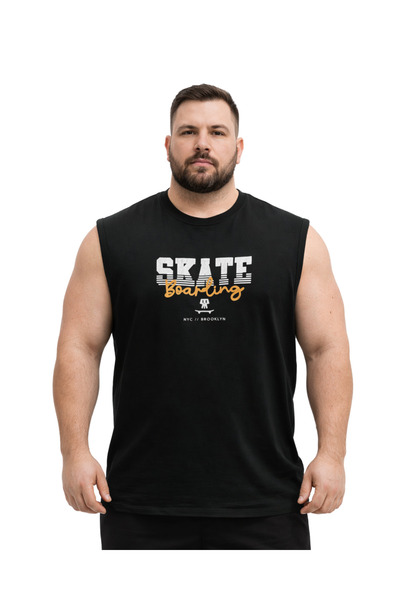 BattalModa Men's Large Size Black Zero Sleeve Skate T-Shirt 3Xl-4Xl-5Xl-6Xl