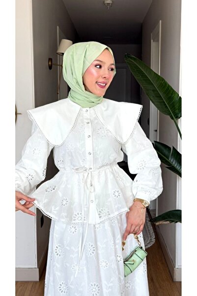 TrendParis Σετ πουκάμισο/φούστα με κέντημα Παπάτια και μεγάλο γιακά, λευκό