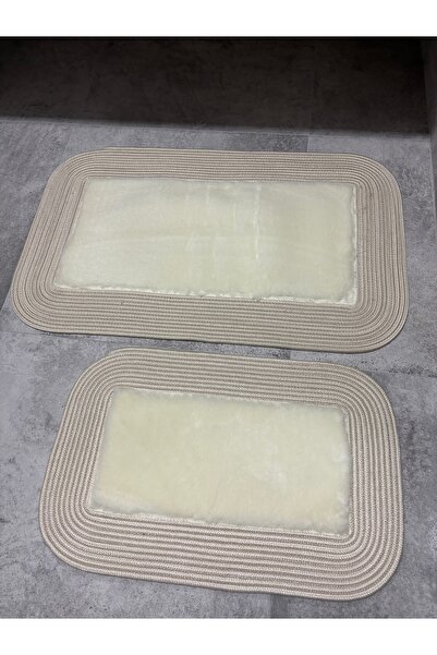 MaVaux Σετ χαλάκια μπάνιου με αφράτη μαλακή υφή 50x80 & 40x60 με ψάθινες άκρε...