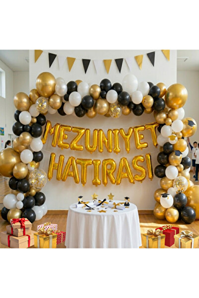 tedaks Mezuniyet Temalı Mezuniyet Hatırası Gold Folyo Harf Beyaz Siyah Gold B...