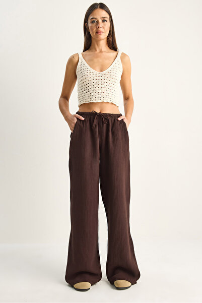 Bianco Lucci Γυναικείο παντελόνι με κορδόνια, ελαστική μέση, φαρδιά μπατζάκια...