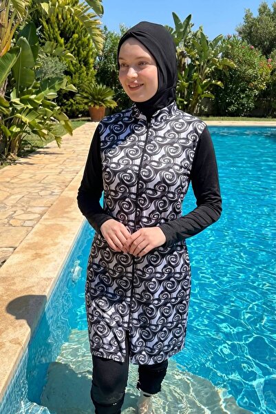 Rosto Fashion ملابس سباحة إسلامية مغلقة بالكامل بنمط تجريدي باللون الأسود مع ...