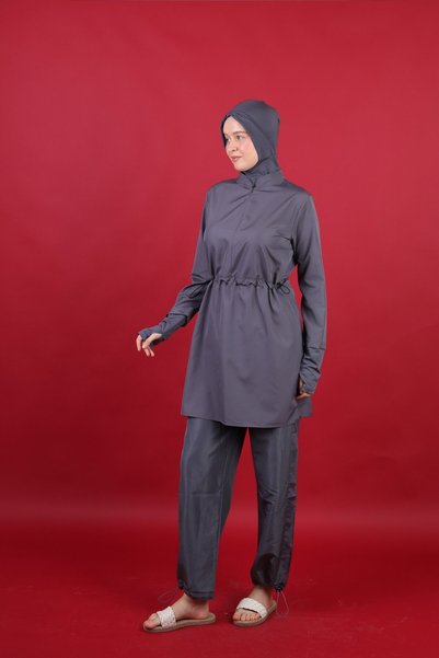 Rosto Fashion Beli Cord Detailed Anthracite Full Covered Hijab Swimsuit with High Collar, 3-Piece Water-Repellent Fabric
