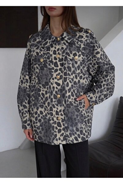 Bahar Altundemir Leopard Patterned Lined Oversize Gold Buttoned Shirt Jacket