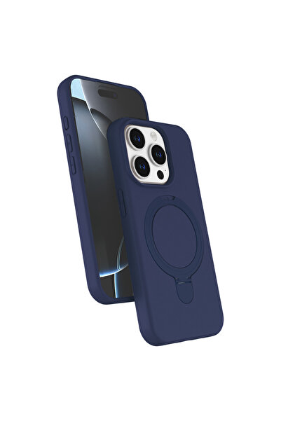 APPLE IPHONE 16 PRO MAX UYUMLU LACİVERT STANDLI MAGSAFELİ SİLİKON KILIF