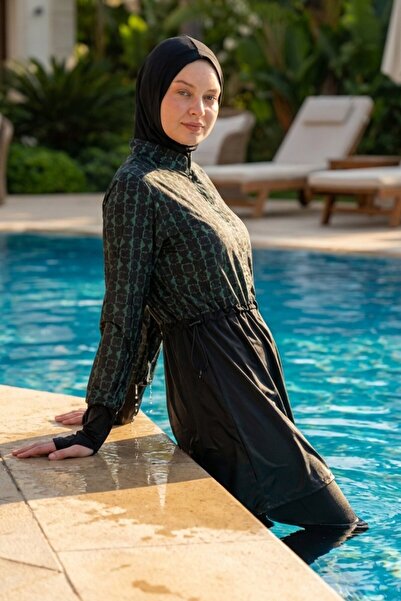Rosto Fashion Petek Desenli Zümrüt Tesettür Mayo Siyah Beli Ayarlanabilir Las...