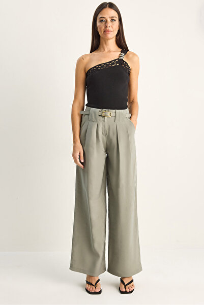 Bianco Lucci Γυναικείο παντελόνι με λεπτομέρεια στη μέση, ψηλόμεσο, Modal Pal...