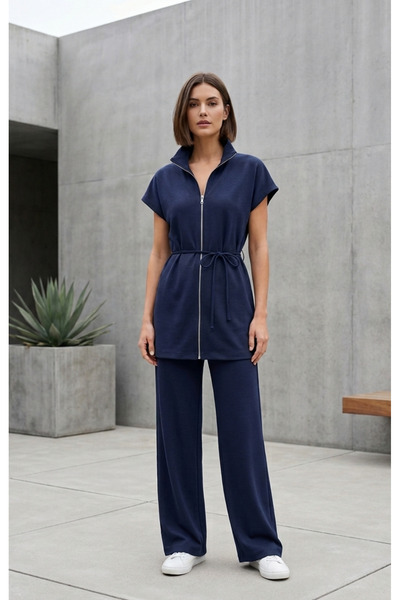 COMS'S Zippered T-Shirt, Loose-Fitting Pants, Top-Bottom Set