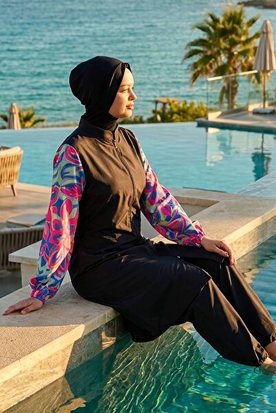 Rosto Fashion بدلة سباحة إسلامية محتشمة بأكمام مزينة بالزهور من الليكرا باللو...