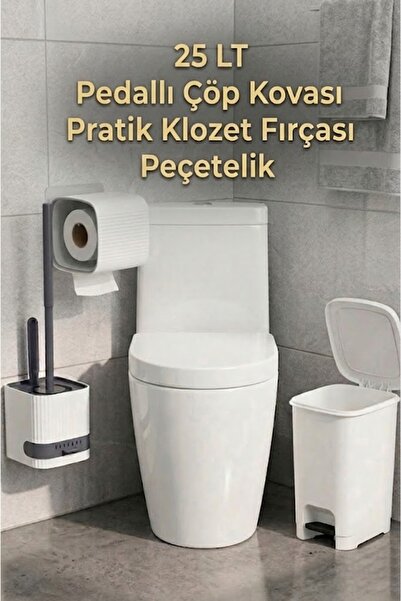 Citim 25 Litre Çöp kovası + Yapıkanlı Tuvalet Kağıtlığı ve WC Fırçası seti Beyaz