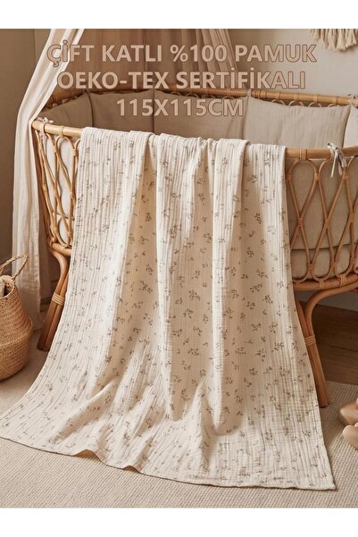 Çiçek Baskılı Bebek Çok Amaçlı Müslin Örtü 115x115 Büyük Boy