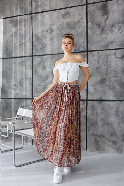 Estelle Patterned Pleated Chiffon Skirt - Burgundy Bordo