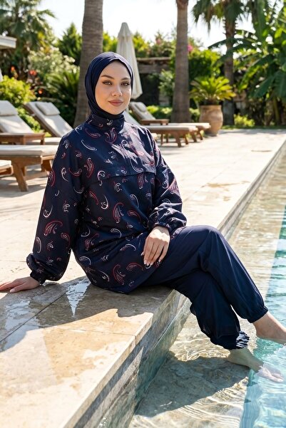Rosto Fashion Yaprak Desen Tesettür Mayo Lacivert Suya Dayanıklı Hızlı Kuruya...