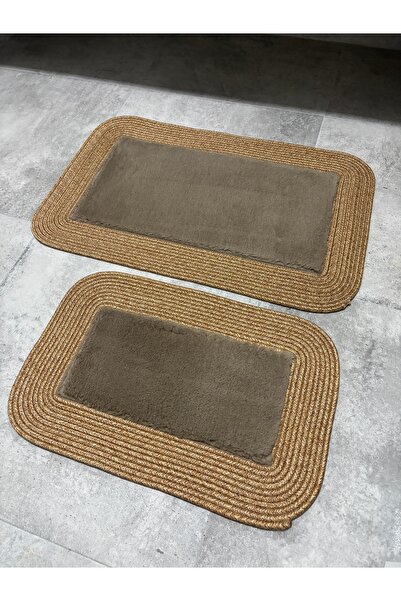 MaVaux Σετ χαλάκια μπάνιου με αφράτη μαλακή υφή 50x80 & 40x60 με ψάθινες άκρε...