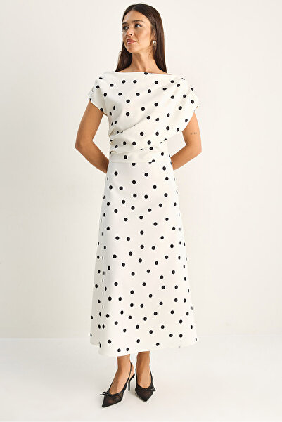 Bianco Lucci Γυναικείο φόρεμα με λαιμόκοψη καγιάκ, λεπτομέρεια ντραπέ και που...