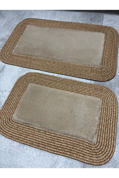 MaVaux Σετ χαλάκια μπάνιου με αφράτη μαλακή υφή 50x80 & 40x60 με ψάθινες άκρε...