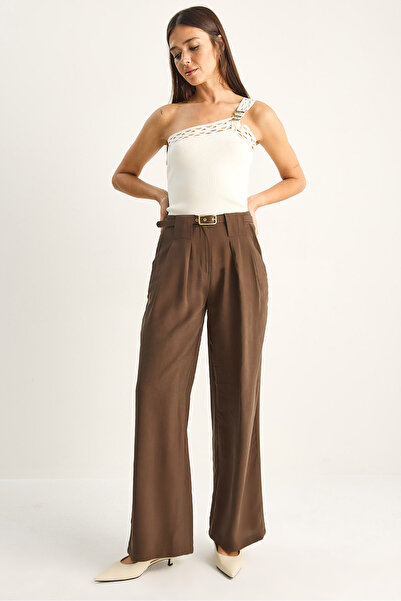 Bianco Lucci Γυναικείο παντελόνι με λεπτομέρεια στη μέση, ψηλόμεσο, Modal Pal...