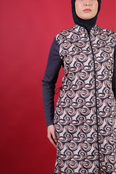 Rosto Fashion Abstract Patterned Fully Covered Hijab Swimsuit Navy Blue Adjustable Waist 3-Piece Water-Repellent Fabric