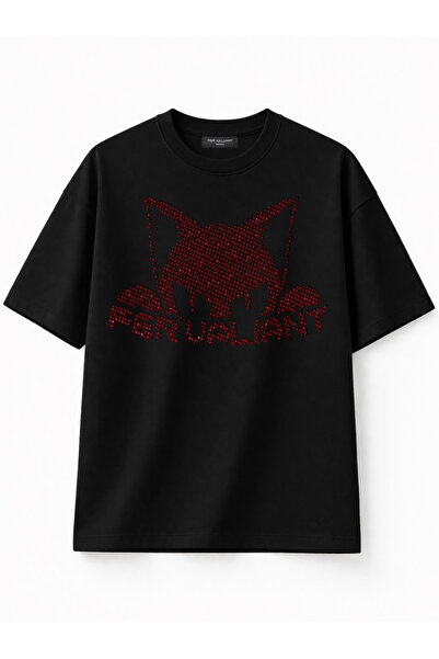 Fer Valiant Unisex Wild Mew Cat Rhinestone Stone Printed Oversize Premium 100...