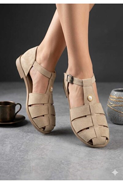 McDark Γυναικεία πέδιλα με λεπτομέρεια από μπεζ σουέντ και επίπεδη σόλα με αγ...