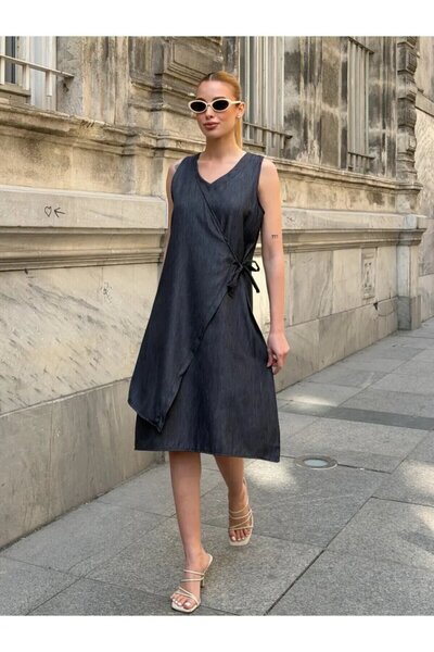 Cool & Sexy Μαύρο φόρεμα Tencel με μηδενικά μανίκια και πλαϊνά δεσίματα