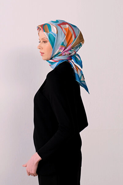 Belli Mavi Soyut Desen %100 Twill İpek Eşarp 4318-34