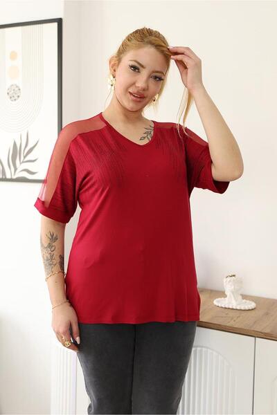 Siyezen Plus Size Tulle Stone Embellished Shoulder Blouse