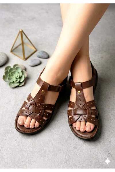 McDark Women's Brown Thin Heeled Studded Belted Summer Sandals