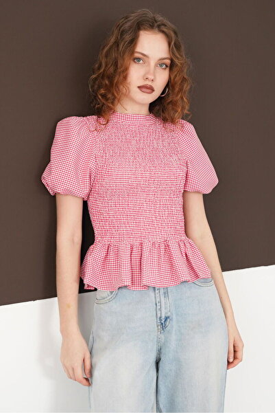 Caddebostan Moda Γυναικεία μπλούζα Gipeli με λαιμόκοψη ποδηλάτου, καρό σχέδιο...