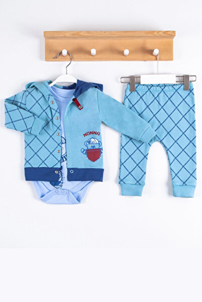 miyrem Pocket Patterned Hooded 100% Cotton Cardigan 3-Piece Men's Set
