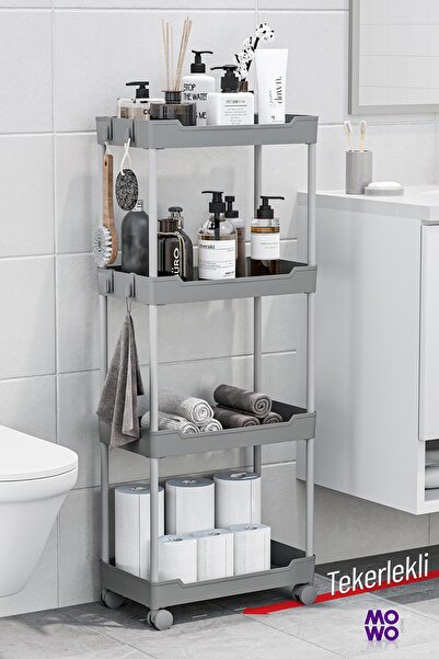 MOWO 4 Katlı Tekerlekli Banyo Rafı, Mutfak Rafı, Havluluk, Deterjanlık Makyaj...