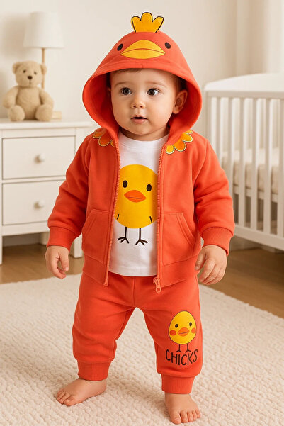 miyrem Chick Patterned Hooded 3-Piece Baby Boy Set
