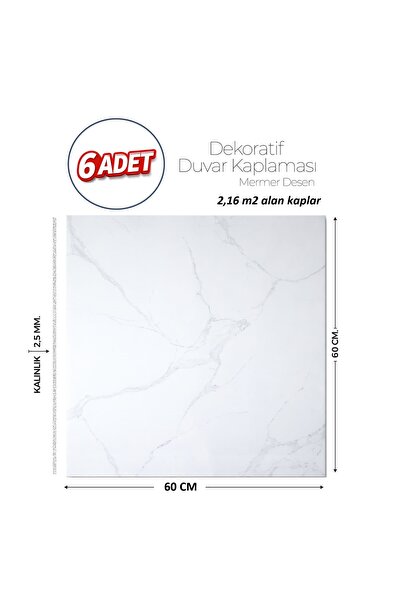 Brano 60X60 cm Kendinden Yapışkanlı Duvar,banyo,tezgah Arası BeyazMermer-6 Adet