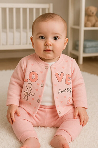 Veraura Lifestyle Love Rabbit Patterned Sleeve Detailed 3-Piece Baby Girl Set...