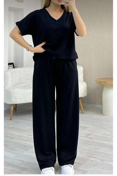 Trendingsize Crystal Fabric V-Neck Slit Detailed Women's Two-Piece Set