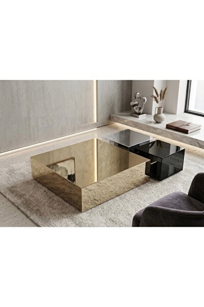 LUXURY VİLLA LUXURY GOLD VE GÜMÜŞ AYNALI SİYAH CAMLI ORTA SEHPA BÜYÜK 100x100...
