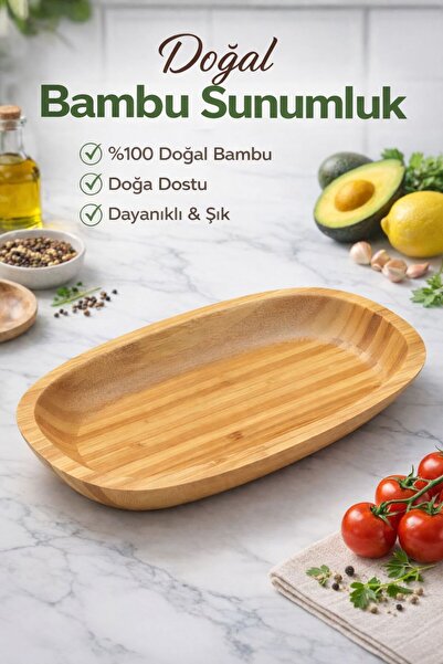 Funny Life Doğal Bambu Sunumluk Servis Tabağı 28,5x17 cm Şık Tepsi Kahvaltılı...