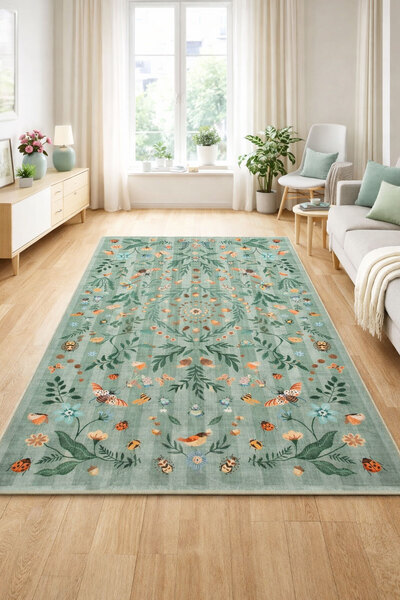 Toronto Home Dijital Kaymaz Yıkanabilir Yeşil Vintage Renkli Salon Halısı Mut...